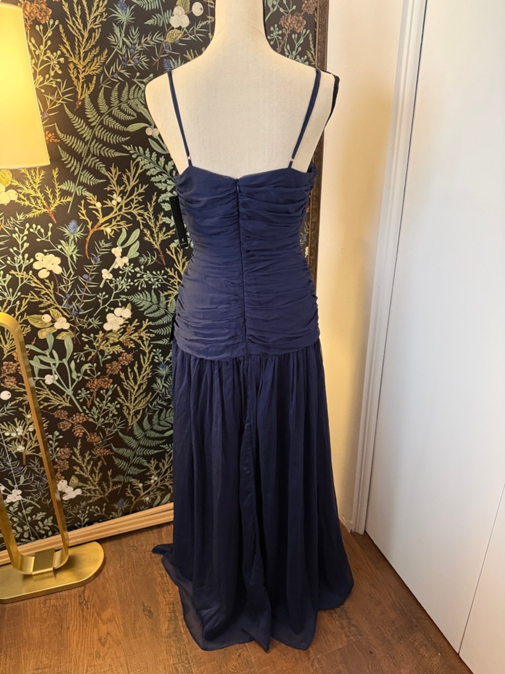 Navy Ruched Spaghetti-Strap Evening Dress - Picture 2 of 4